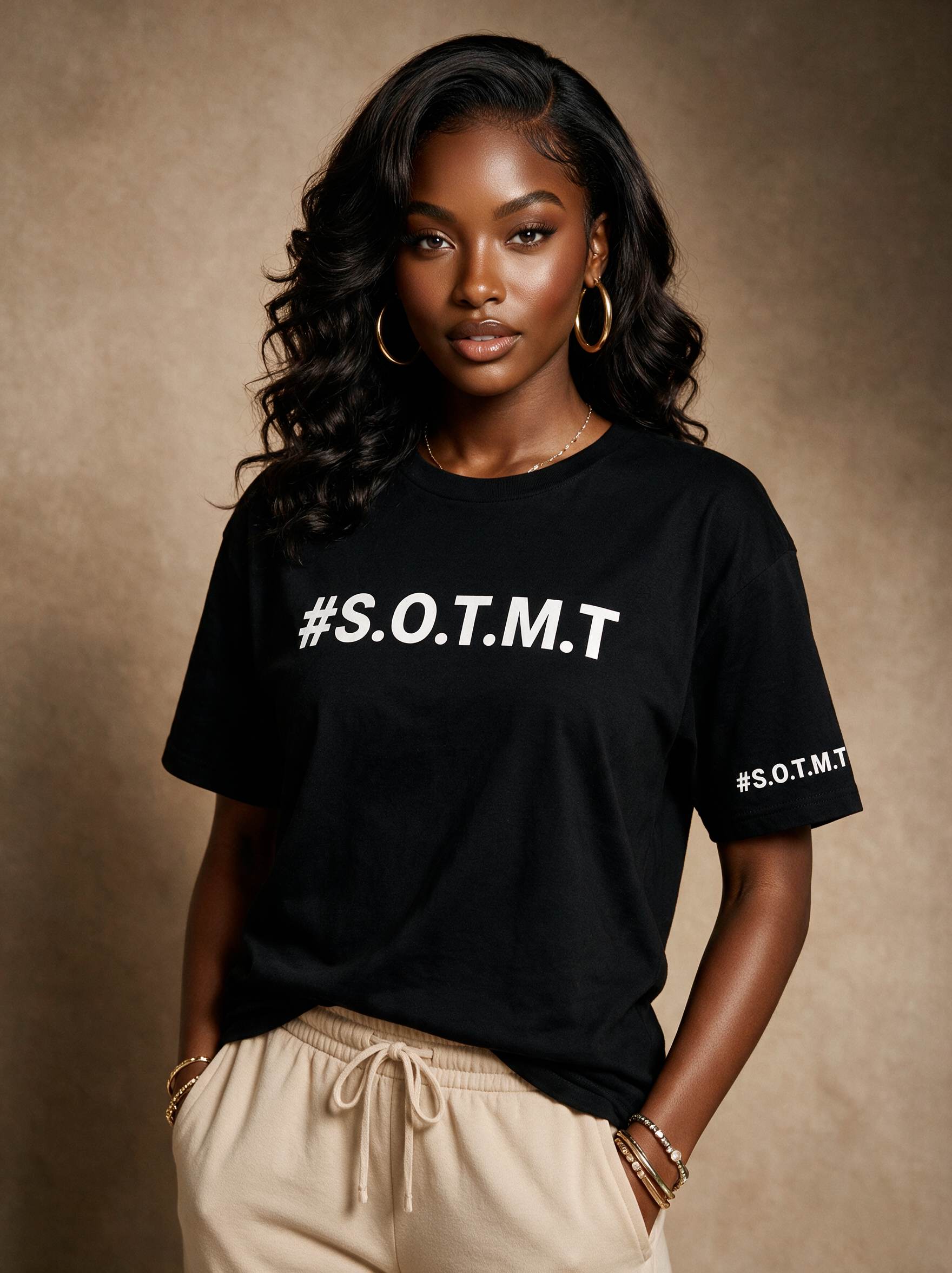 Model wearing the #S.O.T.M.T tee — Never Forsaken Collection